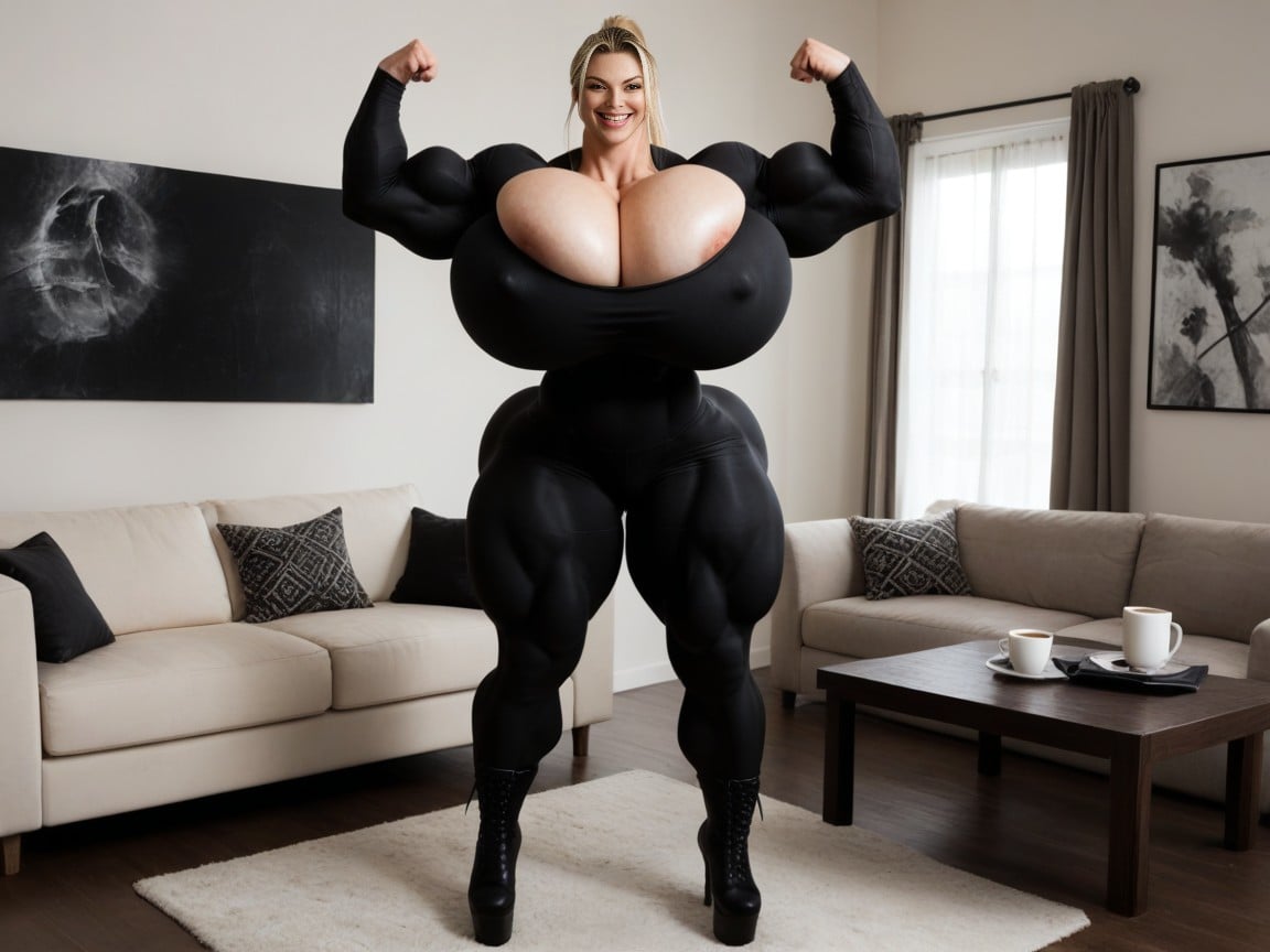 Living Room, Tight Long Sleeve Fitness Shirt, Colossal Breast AI Porn