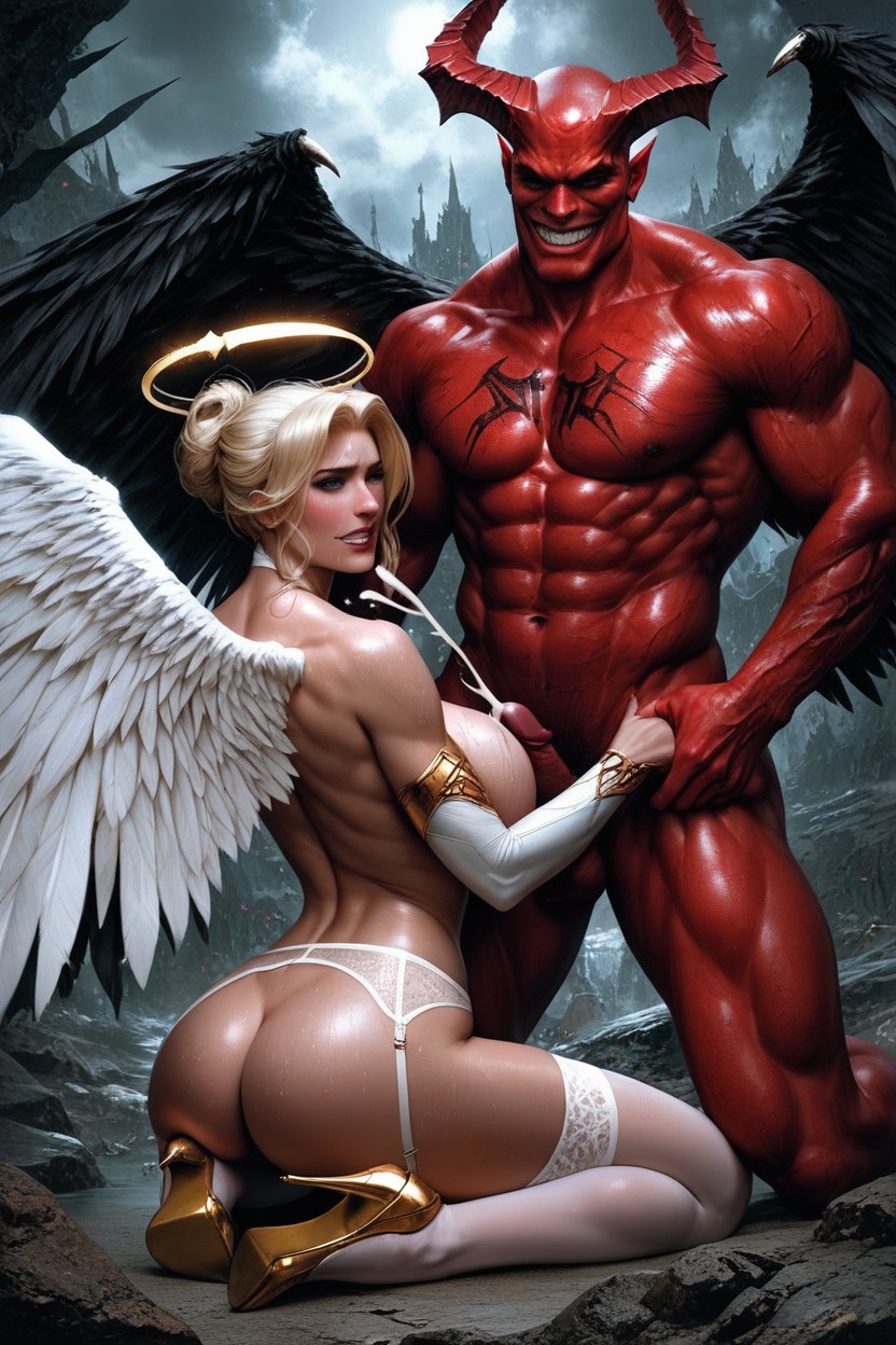 Rounded Breasts, Breasts Exposed, Red Skinned With Horns And Black Wings AI Porn