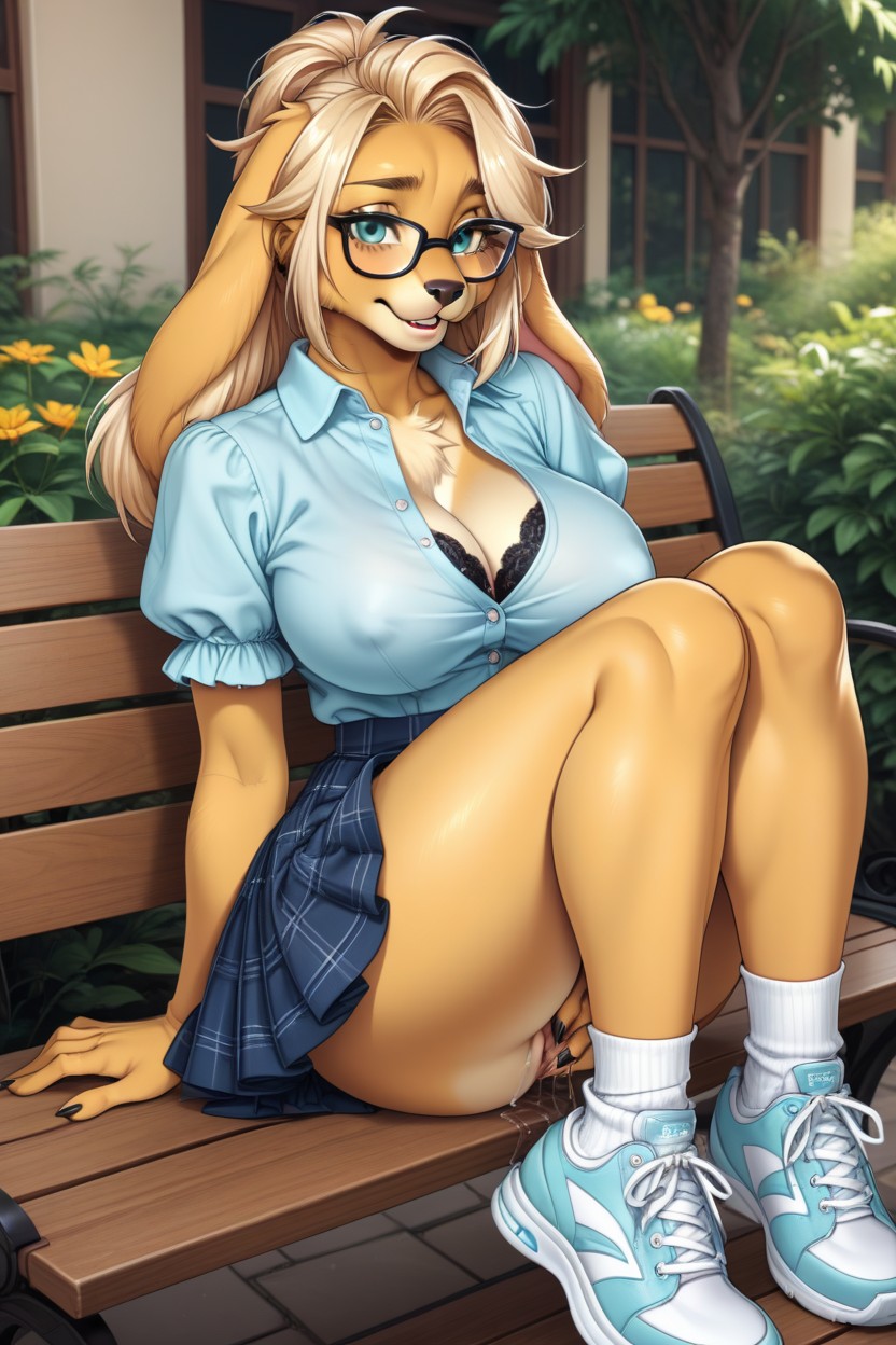 Pussy Juice, Feet On Bench, Blonde Hair Furry AI Porn
