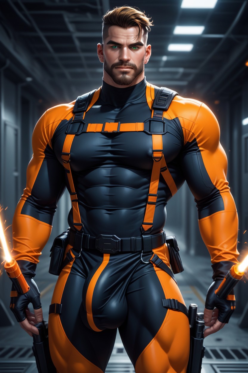 Black With Orange Trim Thong, Beard, Gay AI Gay Porn
