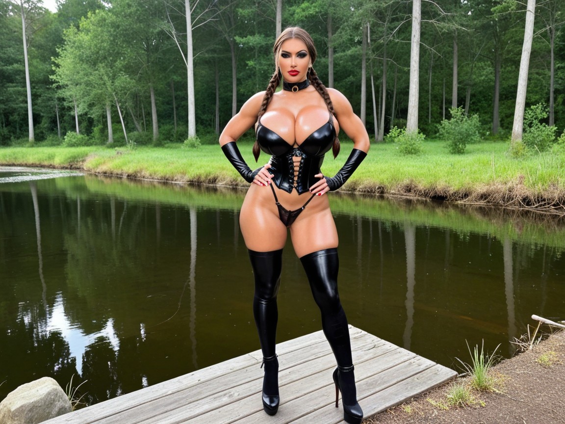 Standing, Shiny Skin, Black Latex Lingerie AI Porn