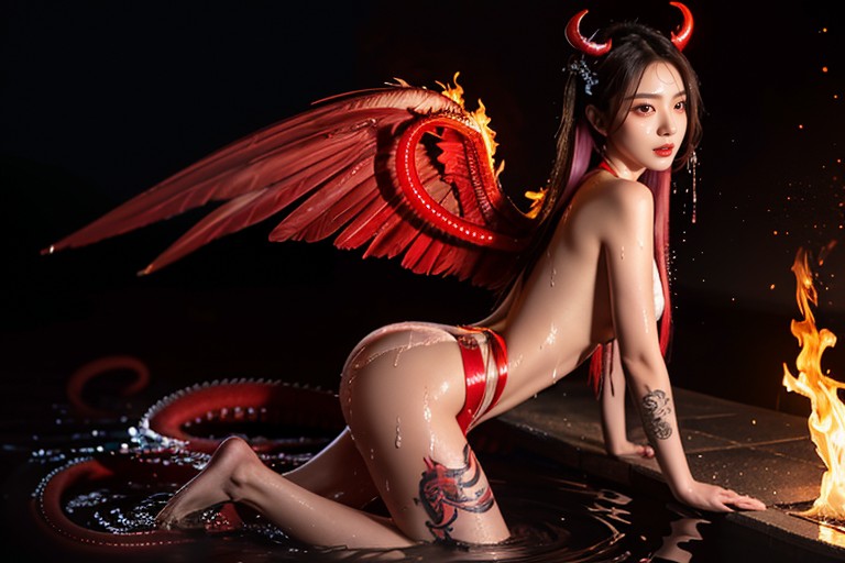 Glistening Wet Skin, Wearing Red Belt, Vue De Face Porno IA Asiatique