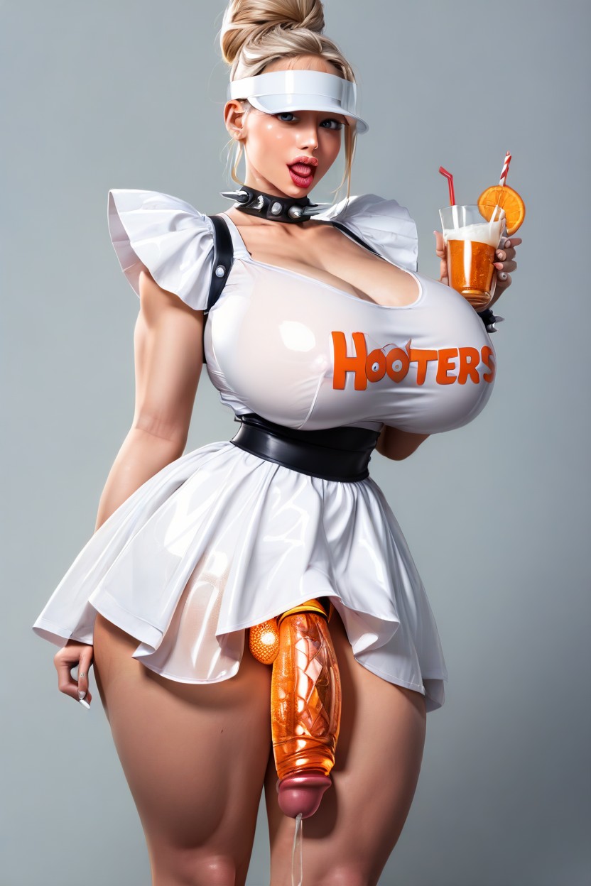 Brings Plate With Large Steak, Glowing Metallic Balls, Clear Latex Dress And Stockings Shemale AI Porn