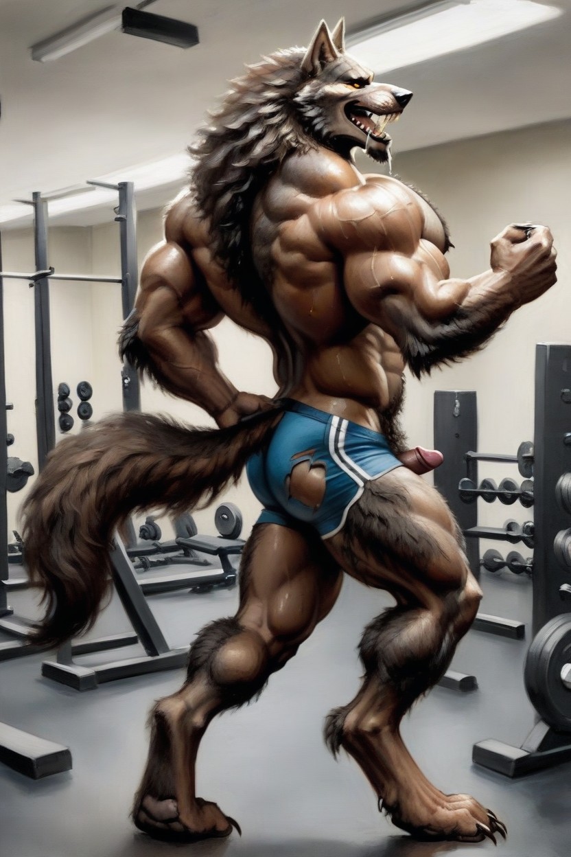 With A Thick Patch Of Curly Pubic Hair Poking Out, A Werewolf Is Lifting Dumbbell Weights In A Gym, Sweaty Furry AI Porn