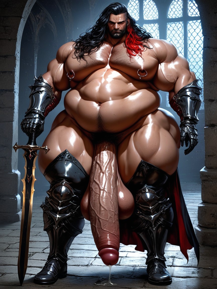 Holding Sword, Nipple Piercings, Black Hair With Red Highlights AI Gay Porn