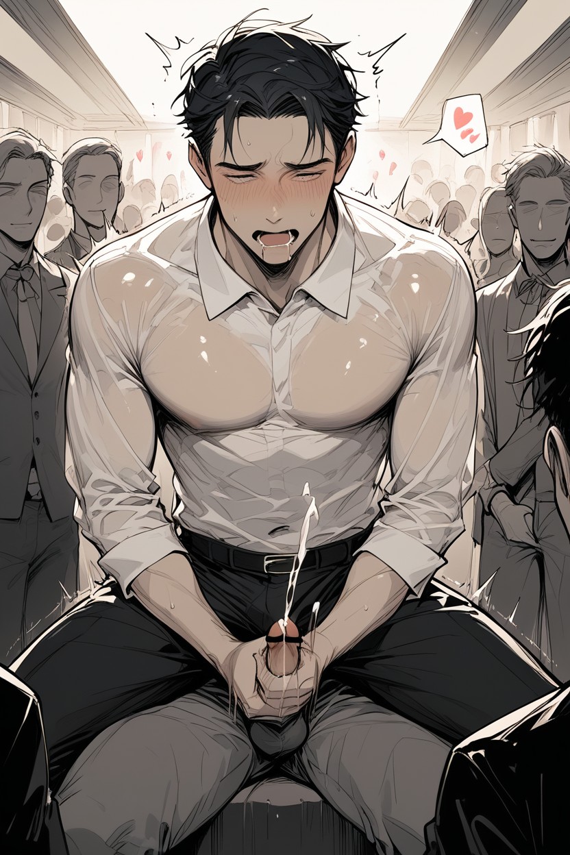 18+, Black Haired Man Being Masturbated By Crowd, Masturbation By Hands AI Gay Porn