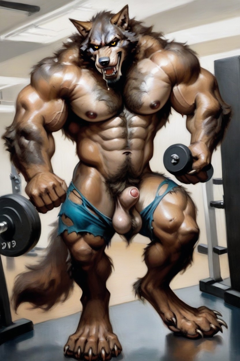 A Werewolf Is Lifting Dumbbell Weights In A Gym, The Image Of The Werewolf Is Of The Highest Quality And Detail, Sudada Furry IA