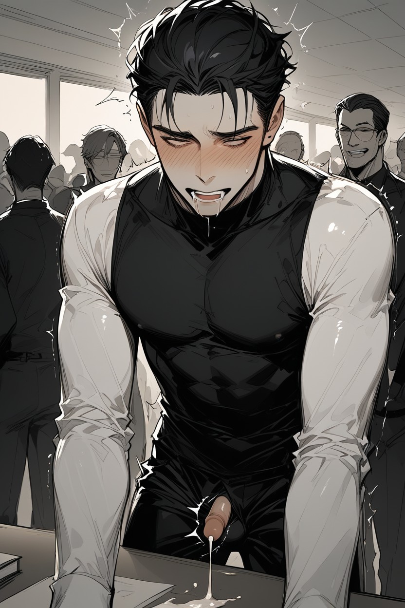 Cum Uncontrollably, On Table, Black-haired Man Being Fucked From Behind AI Gay Porn