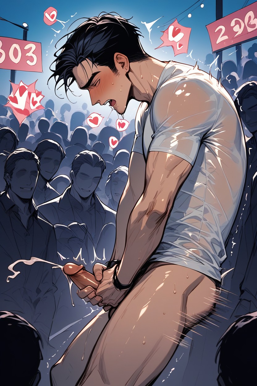 Ejaculation, Effect Lines, Sweaty AI Gay Porn