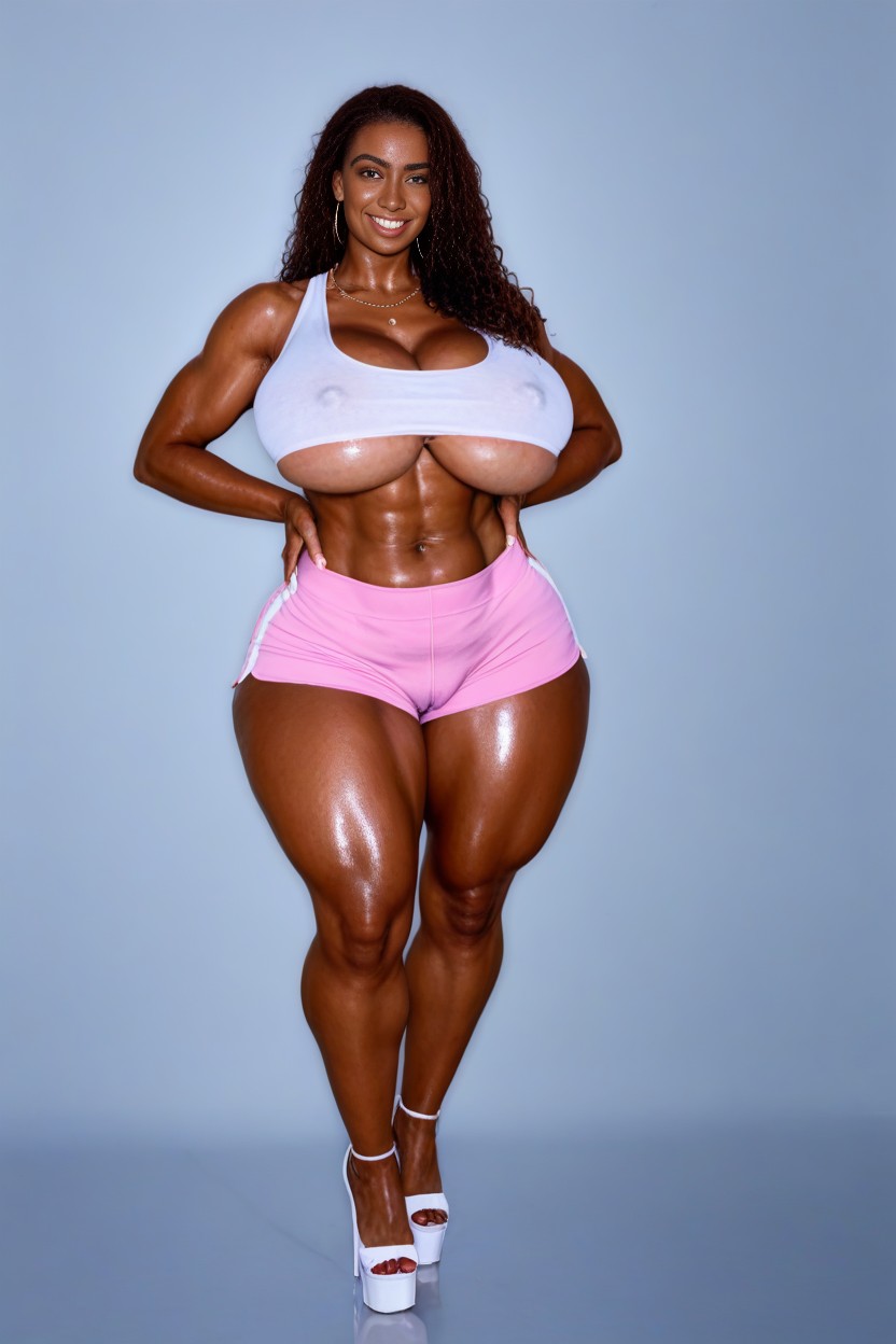 Pink Spandex Shorts, Hands On Hips, Breast Expansion AI Porn