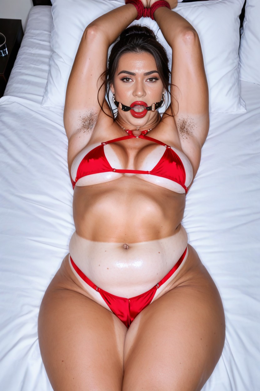 Bimbo, Ball Gag, Red Leather Harness AI Porn