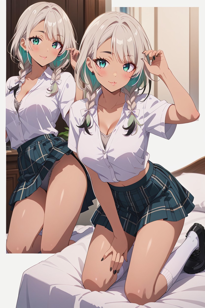 Flirtatiousness, Above Head Braids, Gray Sports Bra AI Porn