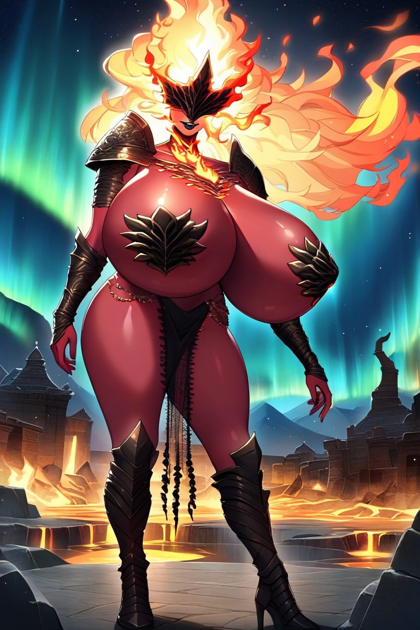 Snowing, Fiery Aurora Borealis, Glowing Flames On Chest AI Porn