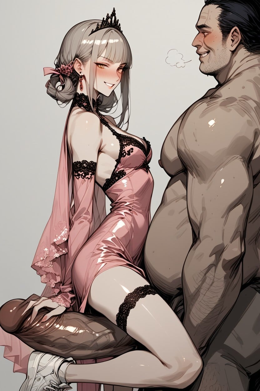 Princess Step Sister Spunky Attitude Intense Glaring, Brunette Hair, Ugly Fat Male Holding Female Hentai AI Porn