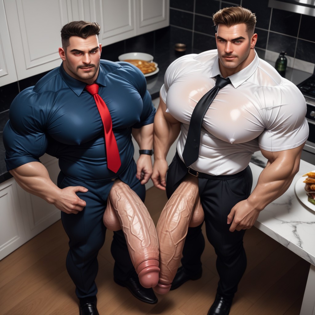 Huge Cocks, Touching, Standing In A White Kitchen AI Gay Porn