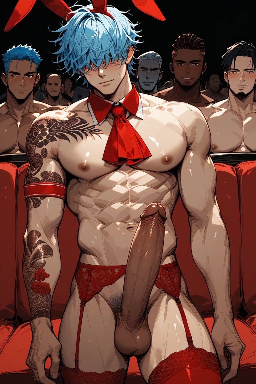 Theater, Big Pecs, Hair Covering Eyes AI Gay Porn