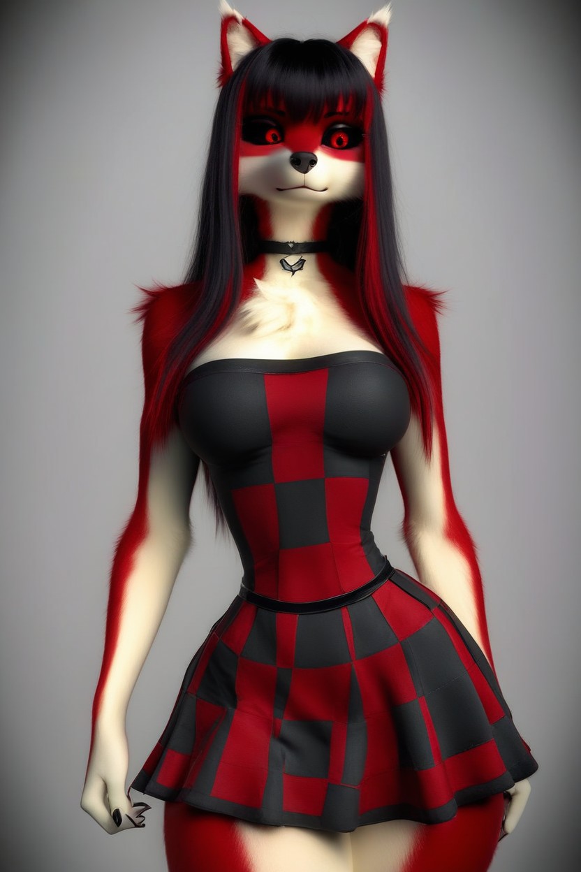 Woman, Gothic Black And Red Checkered Dress, Medium Ass Furry IA