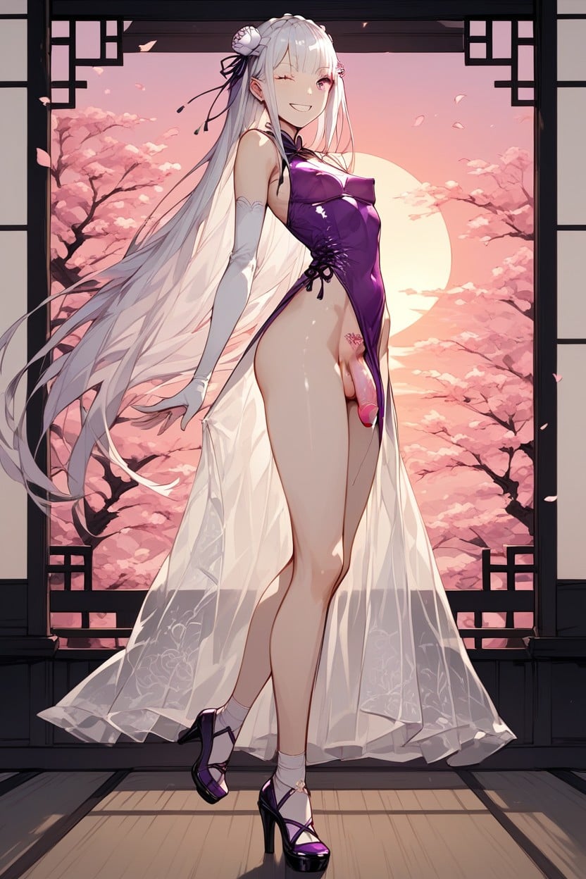 Silver Hair, Wasp Waist, Purple Details Hentai AI Porn