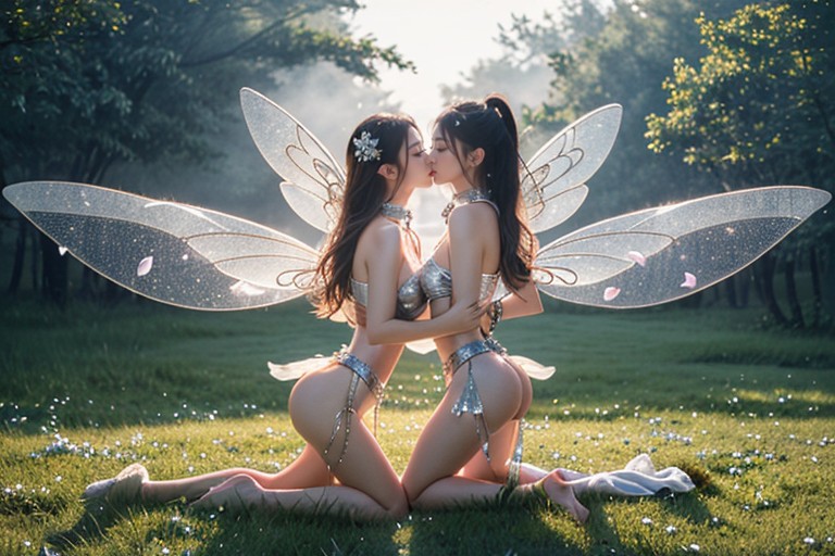 Silver Long Hairs, Fireflies Circling Around Them, Soft Moonlight Porno IA Asiatique