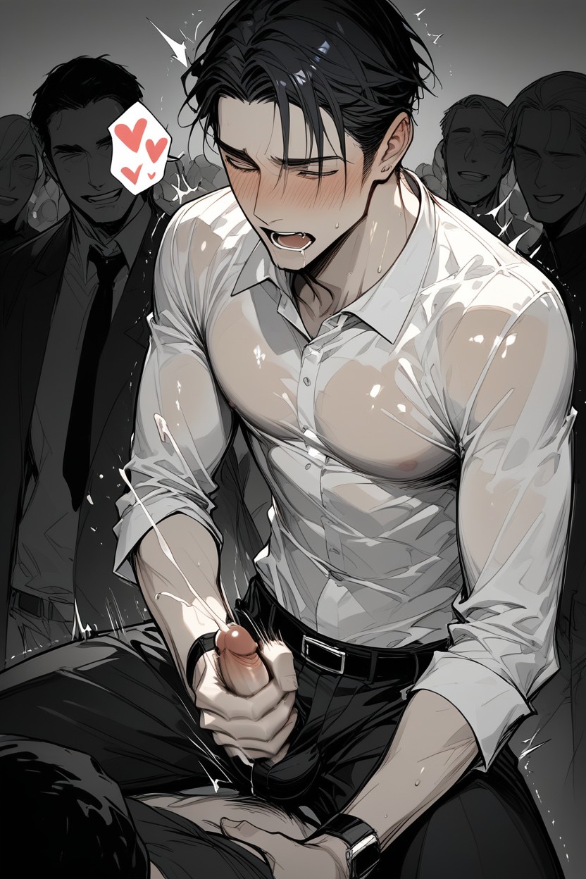 Flustered, Suited Party, Black Haired Man Being Masturbated By Crowd AI Gay Porn