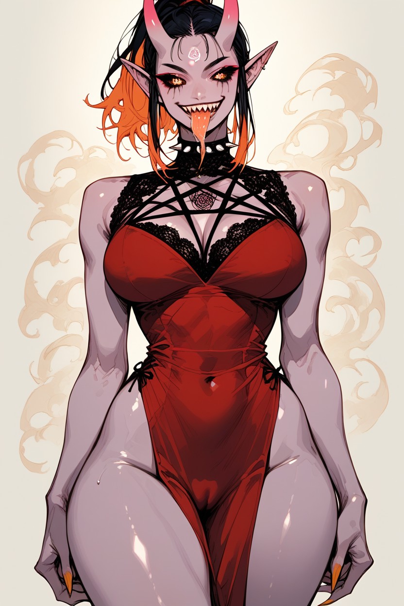 Ribs Visible, Pointy Shark Teeth, Long Tongue Hentai AI Porn