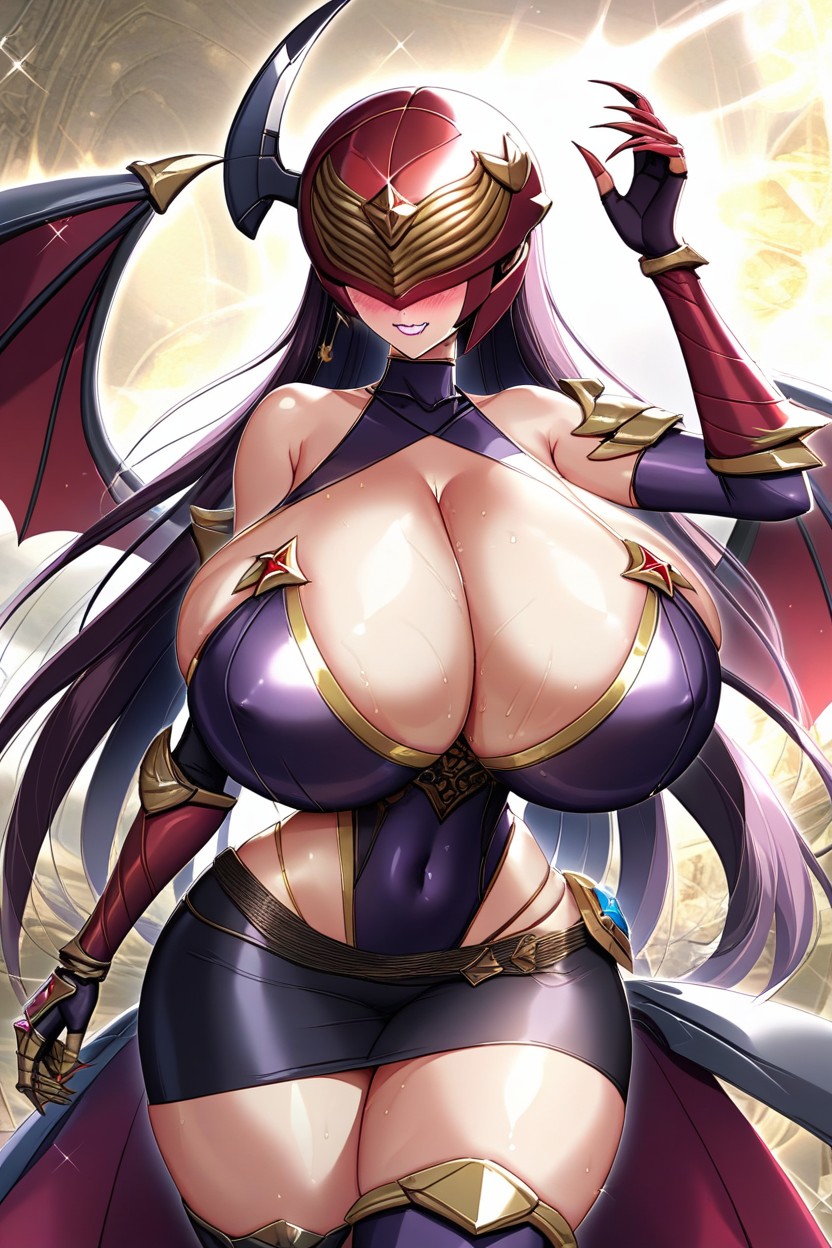 Black Armor Cuirass With Gold Trim, Metallic Body, Succubus Head Wings AI Porn