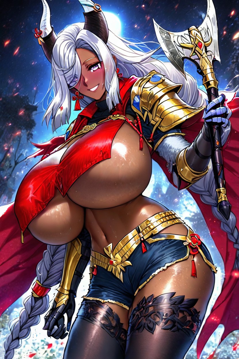 Armor, Breasts Hanging Past Stomach, Dark Brown Skin AI Porn