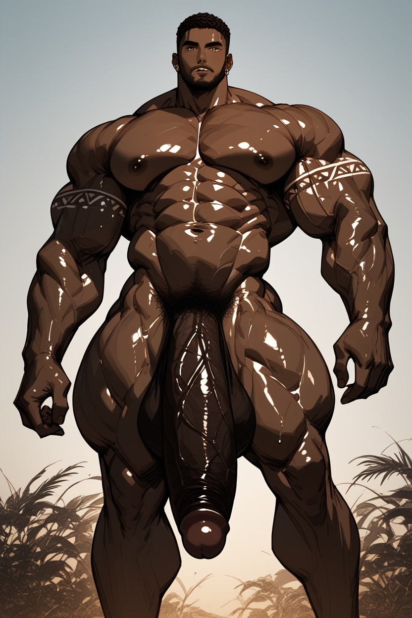 Black African Nigerian Bodybuilder, Cock Bigger Than Leg, Balls Hanging Low AI Gay Porn