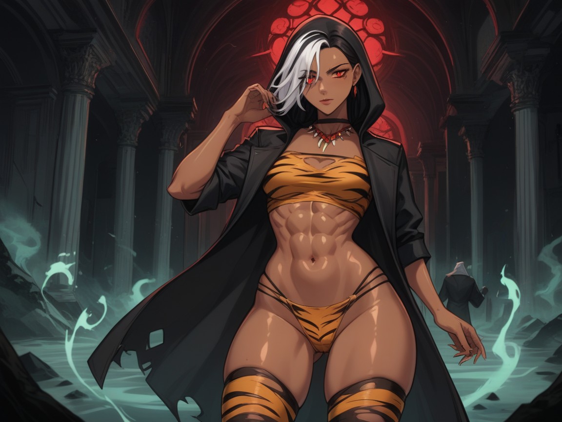 Vibrant Saturated Colors, Neon Red Tint Background, White Tiger Ghost Mask Latina AI Porn