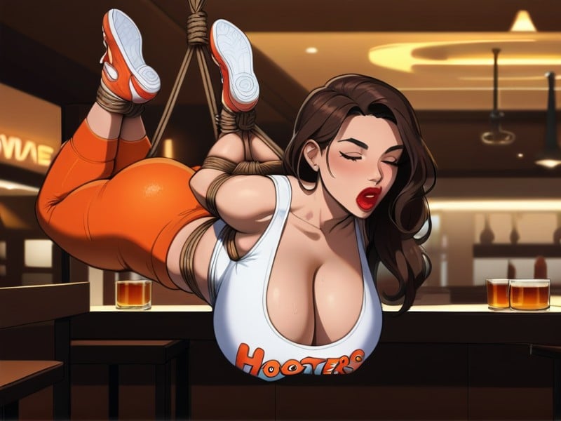 Together Legs By Hanging From Ceiling, Orange Tight Pants, Quarter View AI Porn