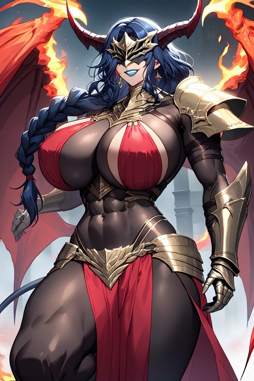 Black Dragon Tail, Neon Red Hair, Tight Dark Red Silk Turtleneck AI Porn