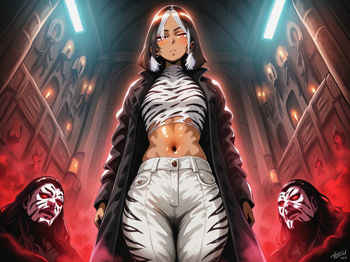 Tribal Masks In Background, White Tiger Ghost Mask, Neon Silver Fog Hentai IA