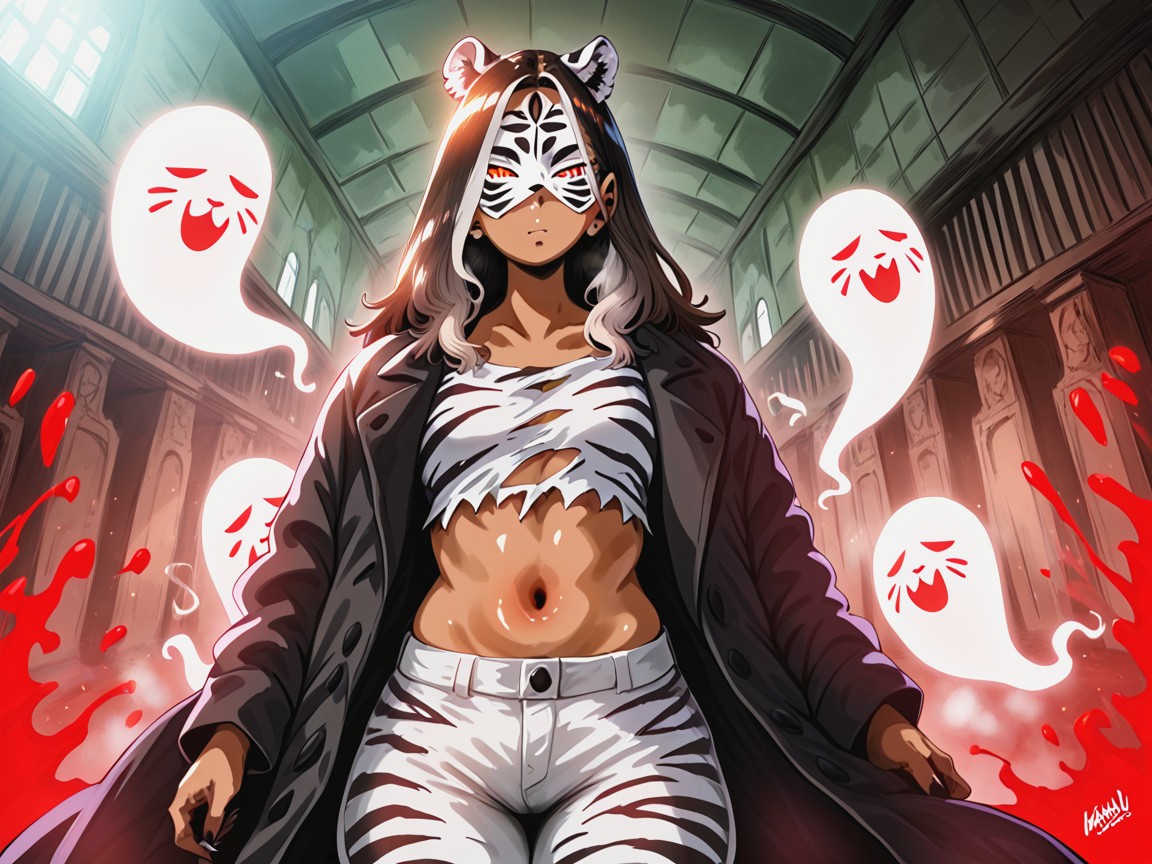 Ripped Clothes , Silver Tiger Print Crop Top, Nsfw Hentai AI Porn