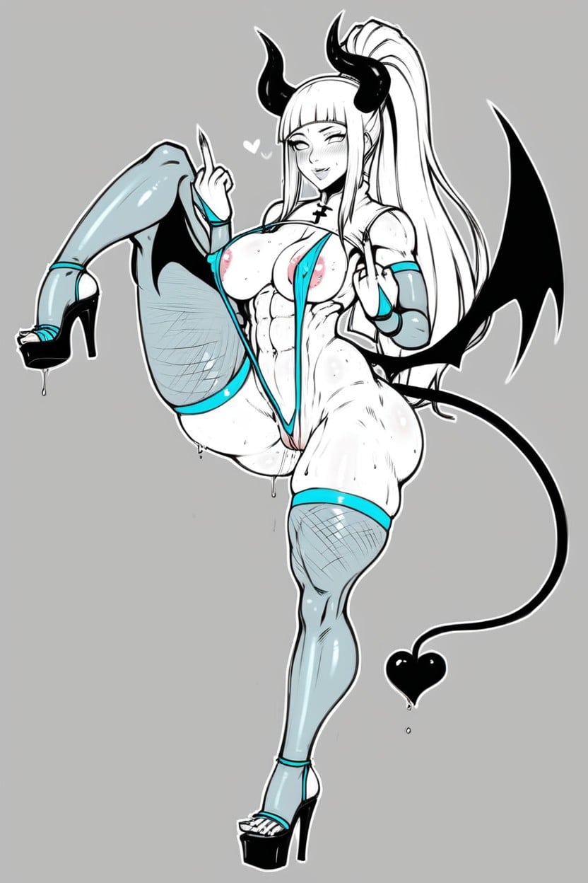 High Ponytail, Tight Demon Uniform, Muscle Hypertrophy AI Porn
