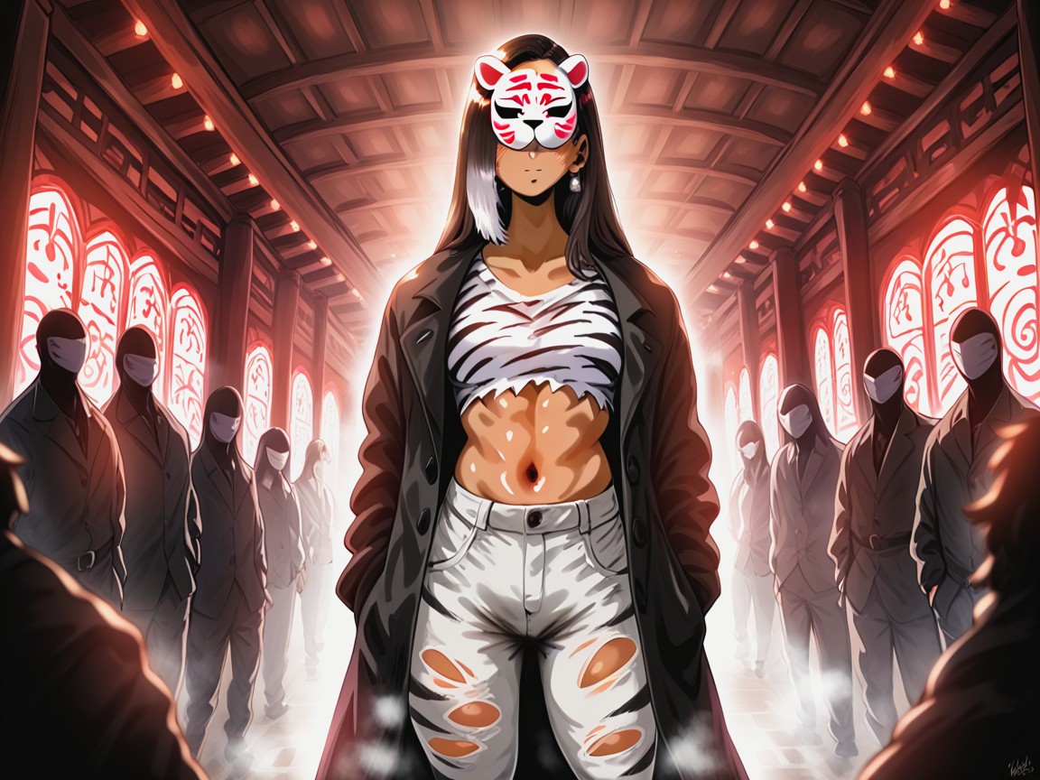 Tribal Masks In Background, Corte Bob, Broken Glass Cases Hentai IA