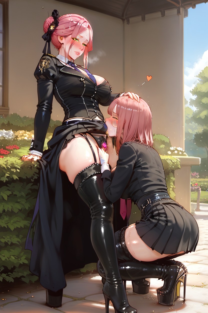 Sub Has Plug In Pussy, Fully Clothed, Mistress Has Black Hair Parted Bangs Hairstyle AI Porn
