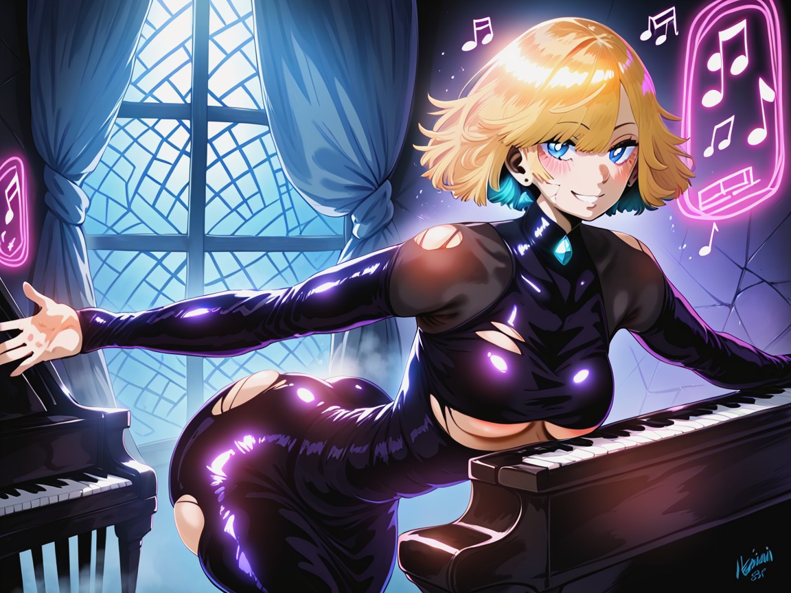 Smiling Mouth Open, Woman Standing On Broken Glass, Blue Eyes Hentai AI Porn