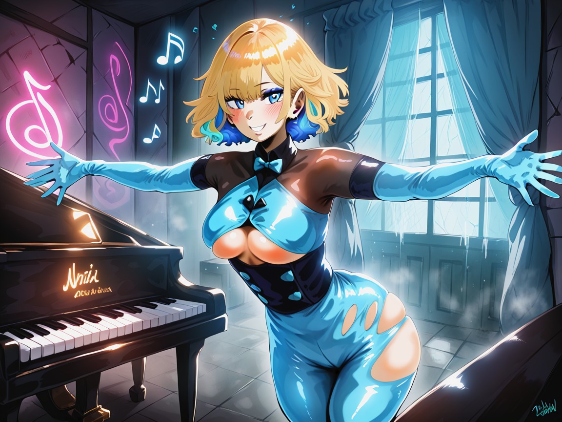 Woman Standing On Broken Glass, Flowing Blue Curtains, Snatched Waist Hentai AI Porn