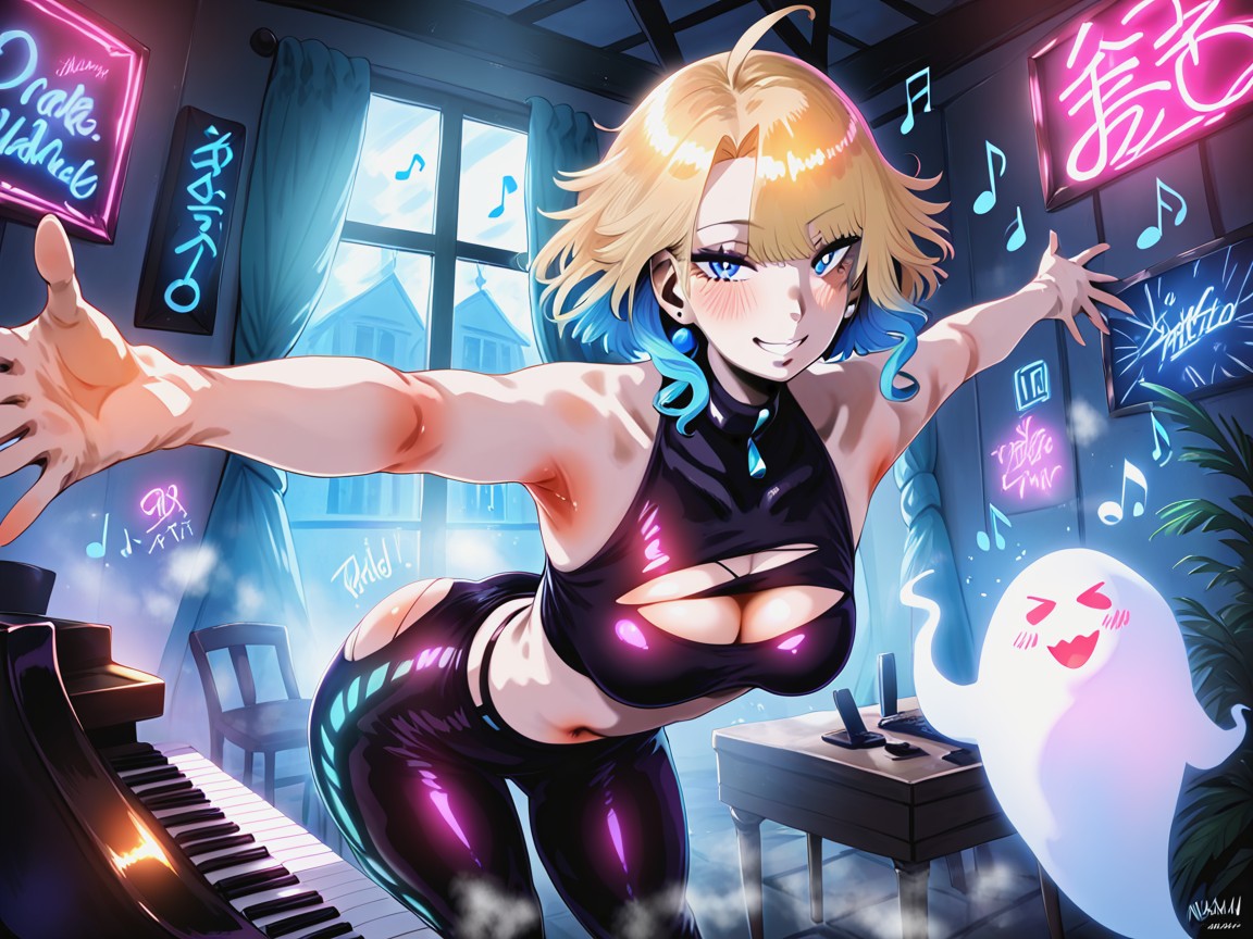 Wearing Blue Metallic Horror Clothes, Splatter Effects, Piano In Background Hentai AI Porn
