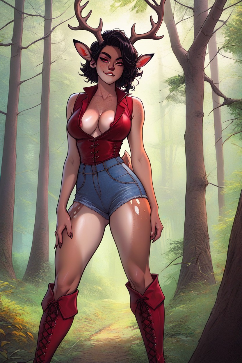 Curly Black Hair, Big Lips, Leaning Against A Tree AI Porn