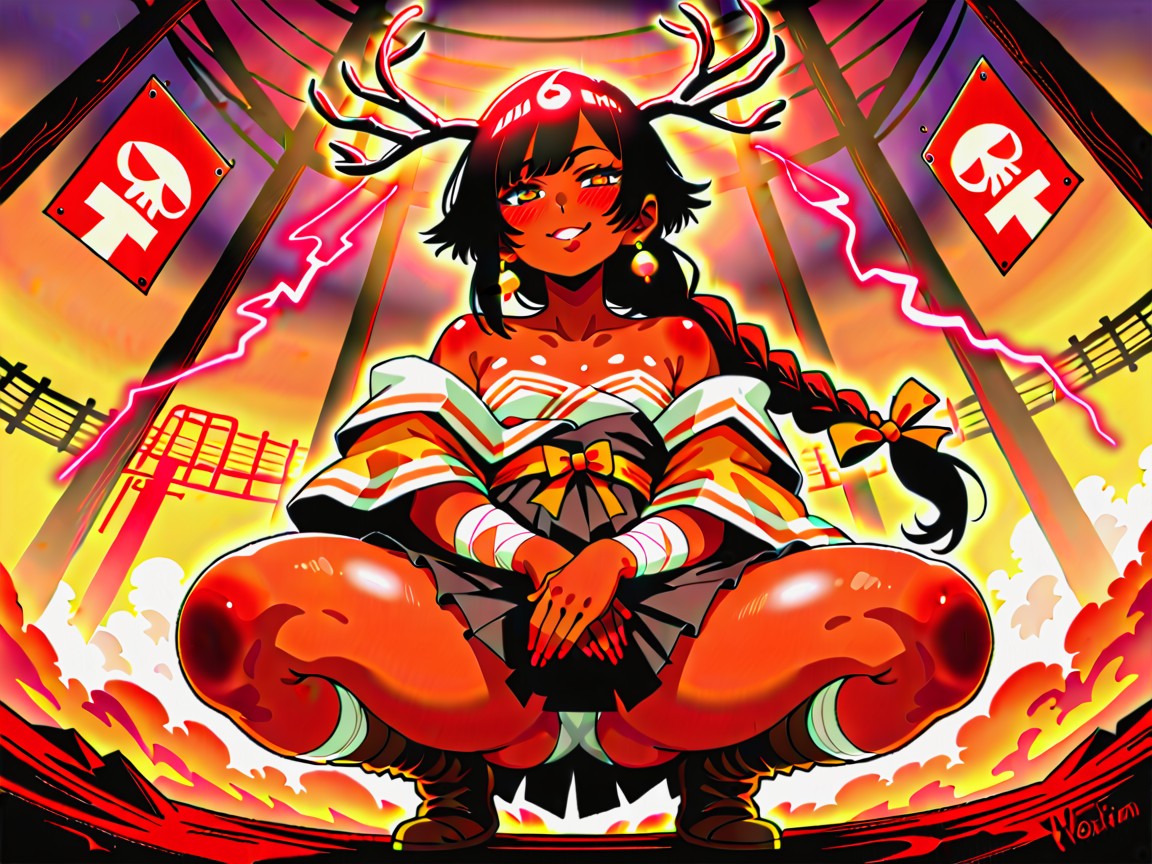 Snatched Waist, Orange Tribal Wraps, Proud Smug Face Hentai AI Porn