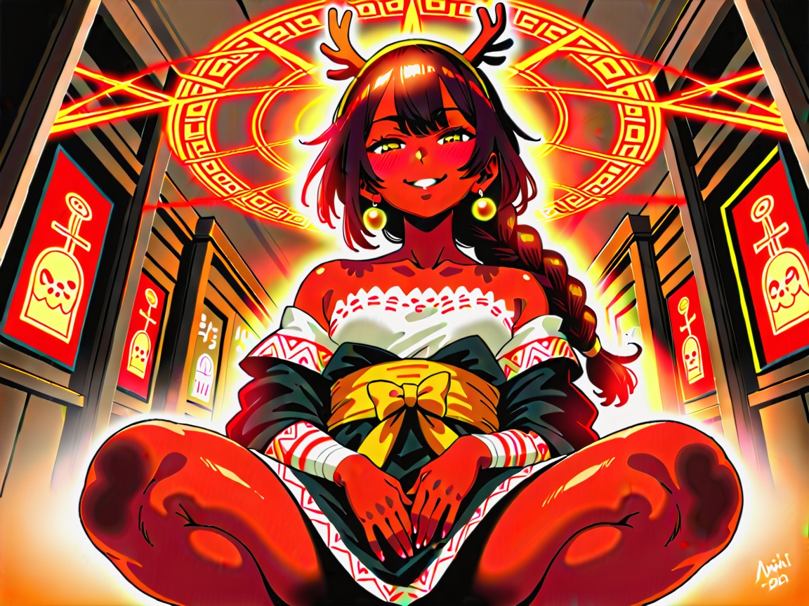 Deer Antler Mask, Neon Orange Fog, Squatting Hentai AI Porn
