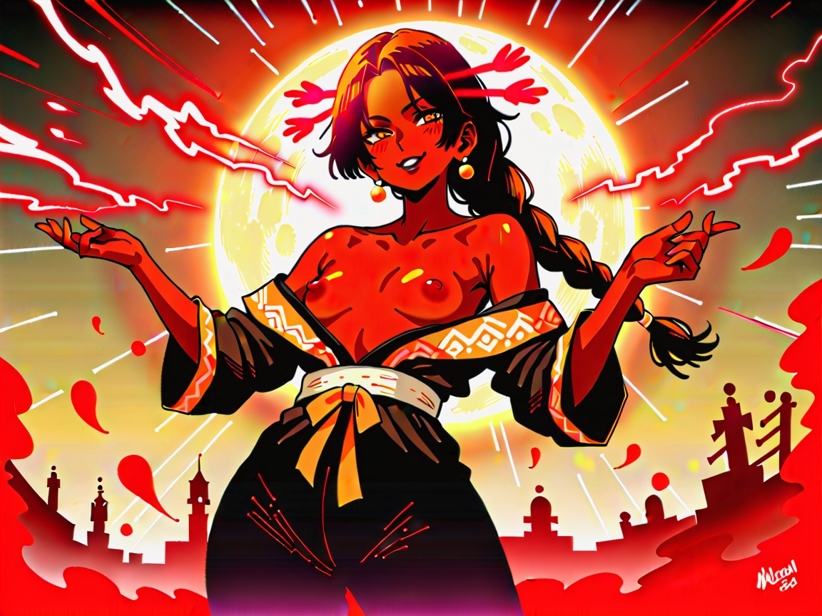 Rounded Hips, Wearing Orange Tribal Horror Clothes, Close Set Breasts Hentai AI Porn