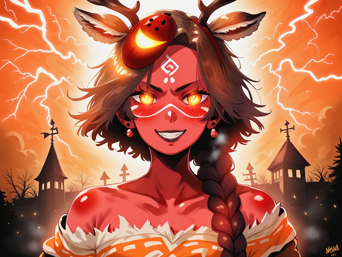 Bokeh, Orange Tribal Wraps, Squatting Hentai AI Porn
