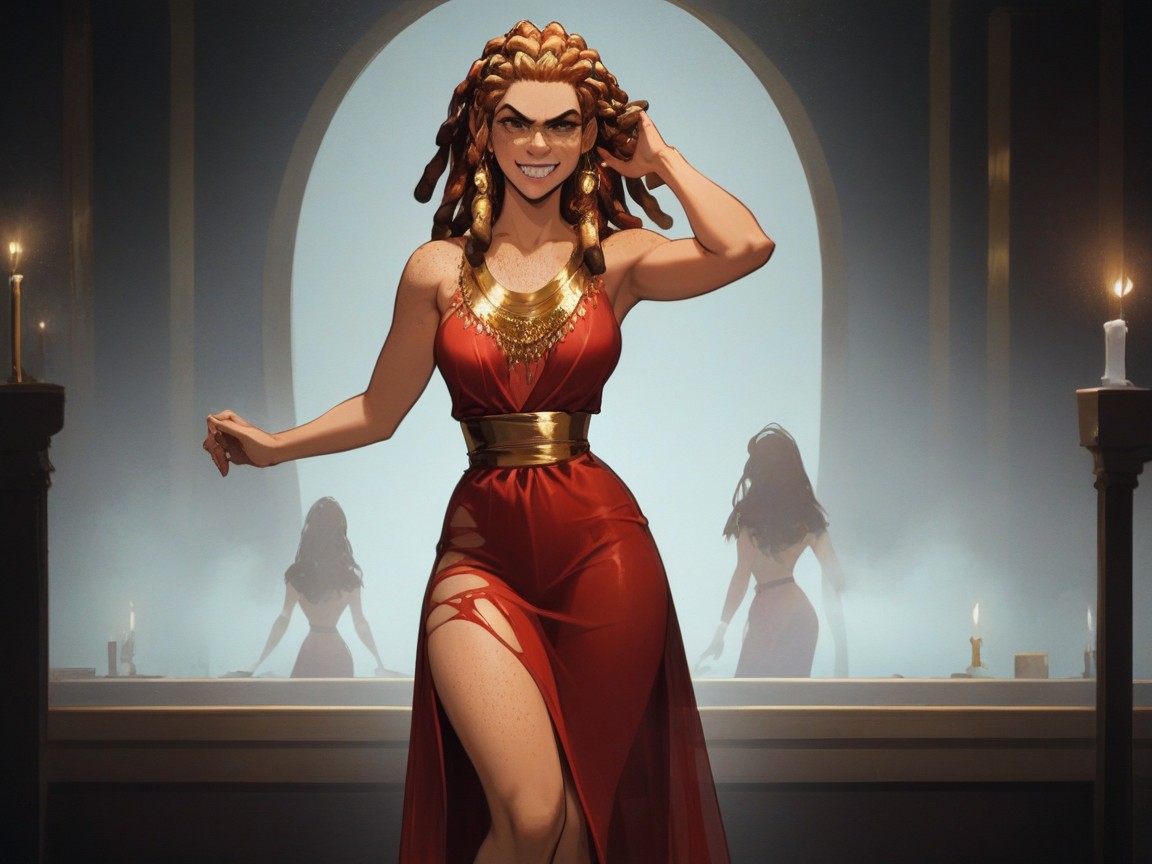 Wearing Gold Silk Horror Clothes, Sand Floors, Indoors AI Porn