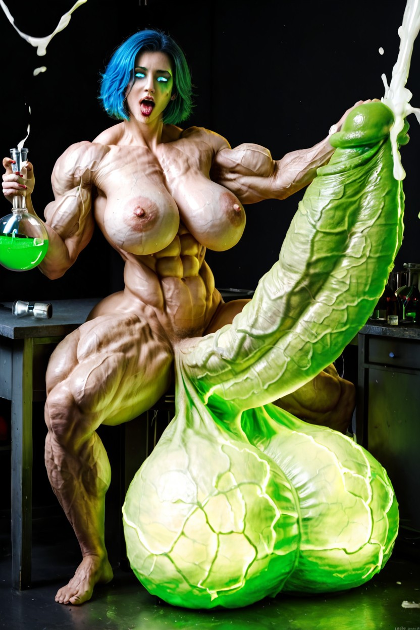 Radioactive Skin, Blue Hair, Extremely Muscular Shemale AI Porn