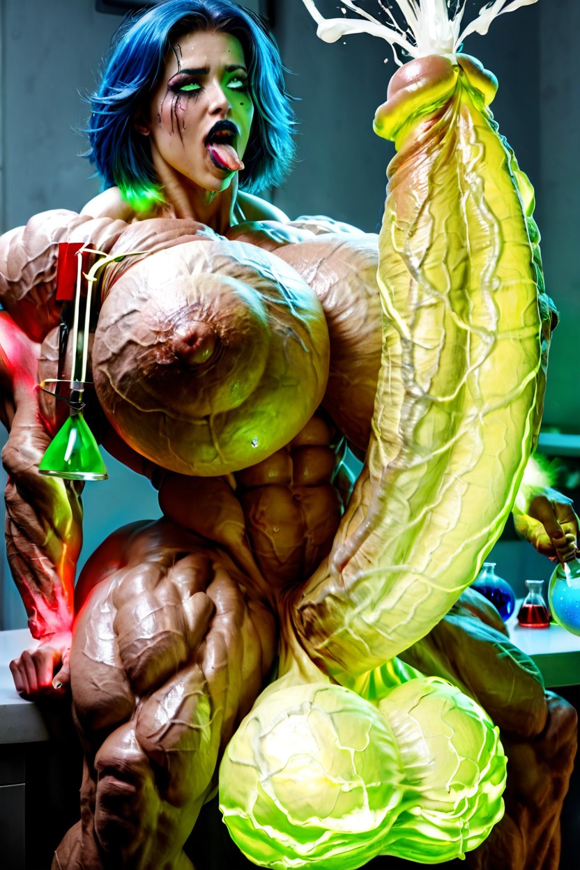 Soft Face, Hyper Muscular Veiny Radioactive Body, Impossibly Long Hyper Penis Shemale AI Porn