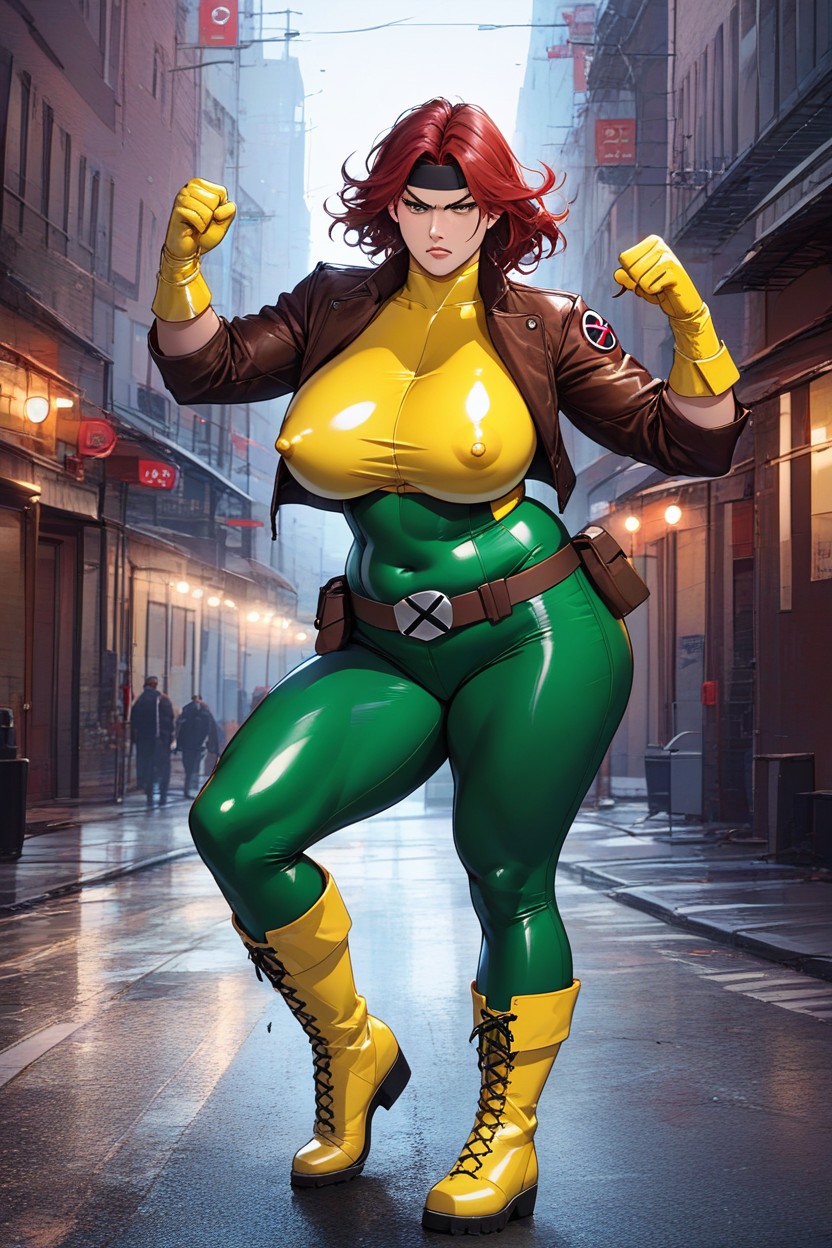 Yellow Latex Boots, Dark Red Hair, New York City Hentai AI Porn
