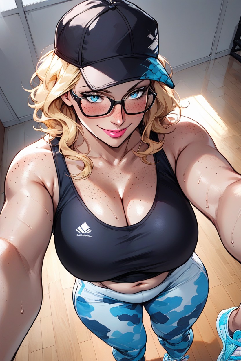 Freckles On Face, Chubby, Blue Camouflage Pants MILF AI Porn
