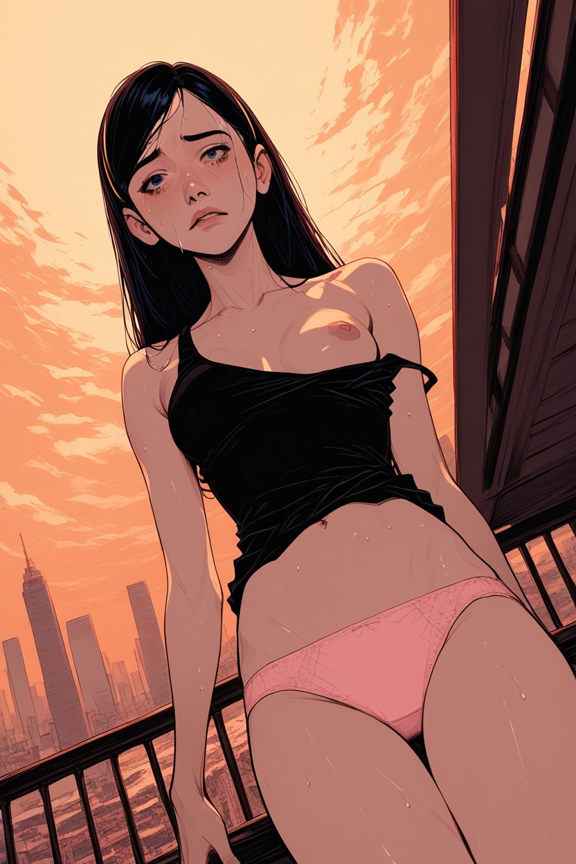 Sweating Face, Pink Choker, Pulled Down Black Tank Top Hentai AI Porn